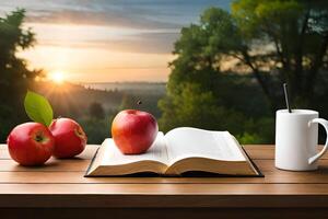 appels en boeken met landschap achtergrond, ai generatief foto