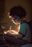 illustratie van een jongen werken Aan zijn laptop, ai generatief foto