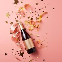 gouden Champagne fles met confetti sterren en partij wimpels. ai generatief foto