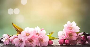 sakura bloemen of kers bloesems in vol bloeien Aan een roze achtergrond en achtergrond, kopiëren ruimte voor tekst, mooi zo net zo banier en behang, seizoen hartelijk groeten, en andere ontwerp materiaal. foto