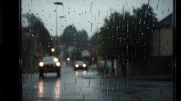 regen druppeltje van zwaar regen Bij de glas venster visie van binnen de huis. regenachtig dag. foto