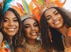 braziliaans carnaval. groep van vrienden vieren carnaval feest. illustratie ai generatief foto