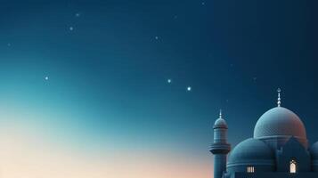 moskeeën koepel Aan donker blauw schemering lucht en halve maan maan Aan achtergrond illustratie ai generatief foto