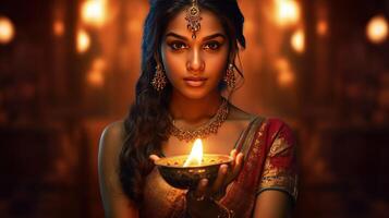 Indisch vrouw Holding diwali olie lamp illustratie ai generatief foto