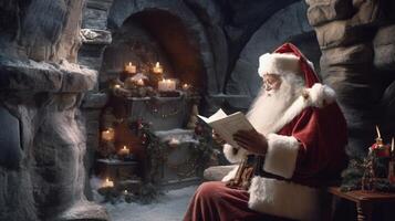 de kerstman lezing brieven van kinderen. illustratie ai generatief foto