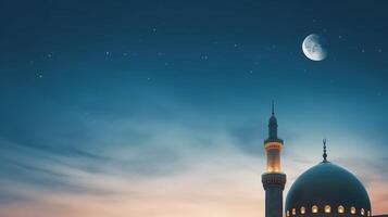 moskeeën koepel Aan donker blauw schemering lucht en halve maan maan Aan achtergrond illustratie ai generatief foto
