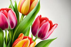 moeders dag gekleurde bloemen samenstelling met mooi roze tulpen Aan wit achtergrond. generatief ai foto