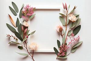 verbazingwekkend bloemen samenstelling. kader gemaakt van roze bloemen en eucalyptus takken Aan wit achtergrond. generatief ai foto