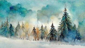 waterverf winter pijnboom boom Woud achtergrond. hand- geschilderd besneeuwd naaldboom net bomen illustratie. generatief ai foto