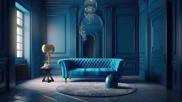 huis interieur met meubilair in modieus blauw kleur. generatief ai foto
