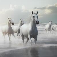 een groep van paarden is rennen Aan de strand generatief ai gegenereerd foto
