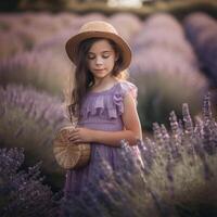 een meisje in een lavendel veld- met een hoed generatief ai gegenereerd foto