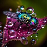 een blauw vlieg zit Aan een blad met water druppels generatief ai gegenereerd foto