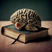 menselijk hersenen en oud boek. illustratie. generatief ai foto