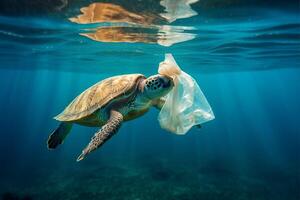 zee schildpad eten plastic zak oceaan verontreiniging concept, ai generatief foto