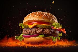 Hamburger met spatten ketchup geïsoleerd Aan zwart achtergrond, ai generatief foto