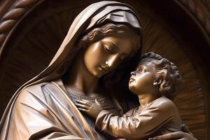 standbeeld van Maria en baby Jezus, ai generatief foto