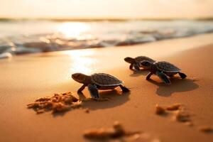 baby zee schildpadden stormloop naar de oceaan, ai generatief foto