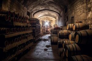 eik vaten in een oud Italiaans ondergronds wijn kelder, ai generatief foto
