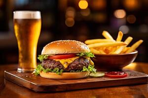 heerlijk Hamburger Aan houten tafel, ai generatief foto