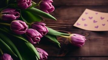 gelukkig moeders dag kaart en tulpen Aan houten tafel, ai generatief foto