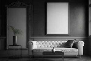 modern leven kamer interieur met blanco canvas of muur decor met kader in centrum voor Product presentatie achtergrond. generatief ai foto