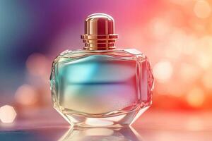 dichtbij omhoog van luxe parfum fles met wazig bokeh licht achtergrond, geur branding Product voor bespotten omhoog, verpakking ontwerp met generatief ai. foto