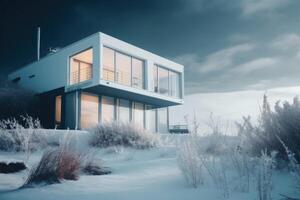modern nordic huis stijl van buitenkant visie, architectuur ontwerp voor familie, persoonlijk huis voor ontspannende na werk, mooi zoet huis met generatief ai. foto