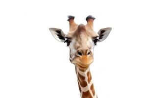 dichtbij omhoog hoofd van giraffe geïsoleerd Aan wit achtergrond, de Afrikaanse wild dier in savanne safari, heel lang hoofd, met generatief ai. foto