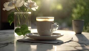 koffie in kop Aan houten tafel met bloemen in voorjaar seizoen, kalmte en kom tot rust koffie, heet drank, ochtend- drankjes met generatief ai. foto