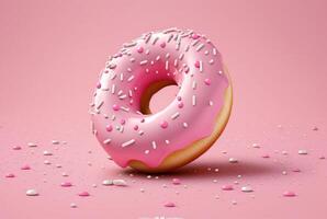 donuts met roze suikerglazuur en kleurrijk hagelslag van suiker. Aan een roze achtergrond. generatief ai foto