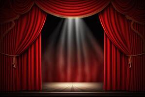 magie theater stadium rood gordijnen tonen schijnwerper. generatief ai foto