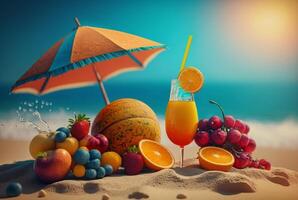 vers sap met fruit en paraplu Aan strand achtergrond, zomer vakantie achtergrond. generatief ai foto