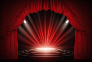 magie theater stadium rood gordijnen tonen schijnwerper. generatief ai foto