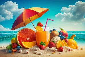 vers sap met fruit en paraplu Aan strand achtergrond, zomer vakantie achtergrond. generatief ai foto