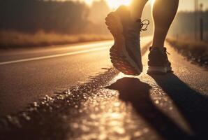 dichtbij omhoog van schoenen, atleten voet loper rennen Aan de straat in de zon in de ochtend. generatief ai foto