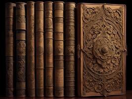 oud boeken Aan een houten plank in de donker. ai gegenereerd foto
