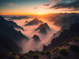 fantasie landschap met bergen in de wolken. generatief ai foto