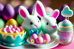 Pasen konijn en taart Aan een roze tafelkleed. generatief ai foto