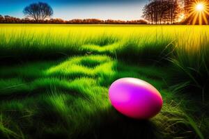 kleurrijk Pasen eieren Aan groen gras met mooi bokeh achtergrond. generatief ai foto