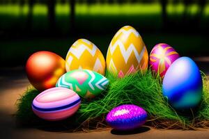 kleurrijk Pasen eieren Aan groen gras met mooi bokeh achtergrond. generatief ai foto