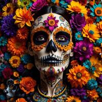 dag van de dood suiker schedel vrouw met kleurrijk bloemen achtergrond, dichtbij omhoog. generatief ai foto