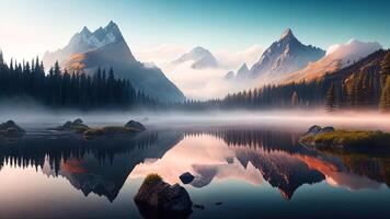 mooi berg landschap met meer en reflectie in water. ai gegenereerd foto