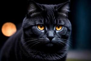 een zwart kat met geel ogen looks Bij de camera tegen een wazig achtergrond van lichten in de achtergrond, neoïsme. generatief ai, generatief, ai foto