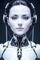 porselein vrouw cyberrobot in een futuristische pak, met een futuristische koppel in de achtergrond, cybernetica, cyberpunk kunst, automatisten. generatief ai foto