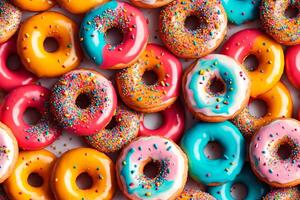 een groot groep van veelkleurig donuts met hagelslag Aan hen zijn gestapeld in een stapel, voedsel fotografie, esthetiek. generatief ai, generatief, ai foto