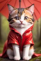 een miniatuur speelgoed- katje in een rood regenjas staat in een Woud met een plas van water, in de regenen, fotorealisme. generatief ai, generatief, ai foto
