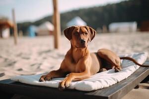 een hond zittend Aan een strand, zomer concept afbeelding, generatief ai foto