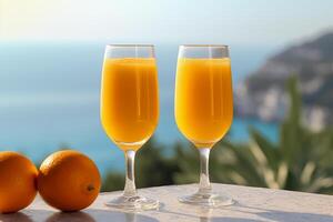 twee bril van oranje sap in voorkant van een zee achtergrond, generatief ai foto