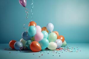 verjaardag partij ballonnen met confetti Aan een licht blauw achtergrond, generatief ai foto